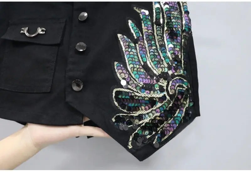 Fashion Sequin Denim Short Skirt Women Spring/Summer 2025 New Korean High Waist Slim Irregular Sexy Hot Pants White Black Casual