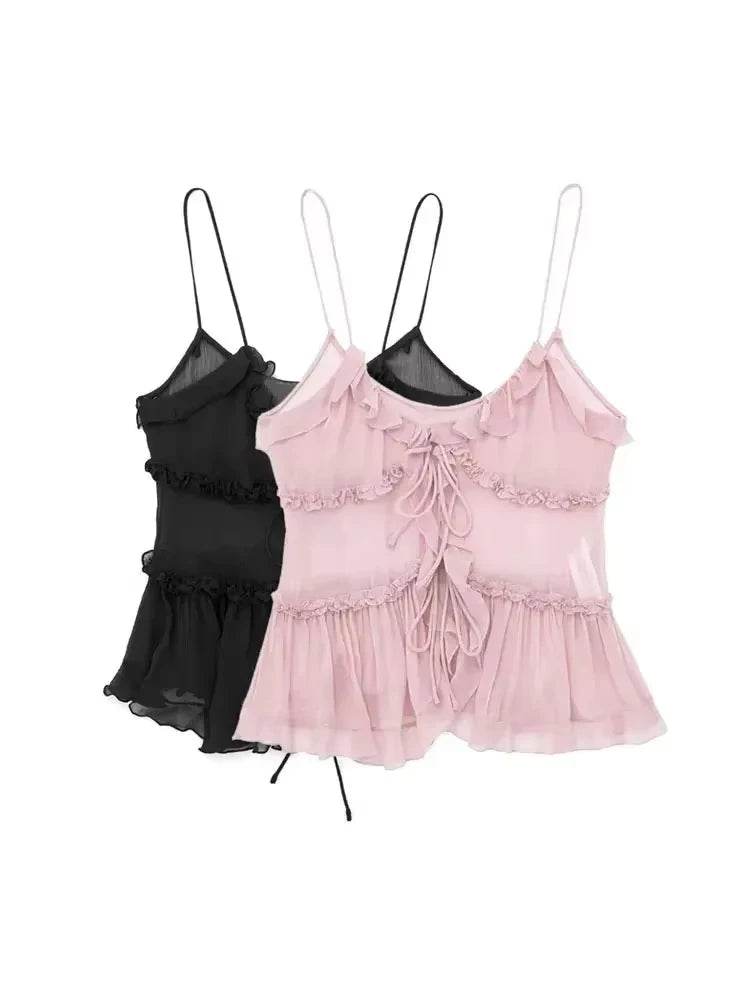 Women Fashion With Ruffled Front Tied Semi-sheer Tank Tops Sexy Backless Thin Straps Female Camis Mujer