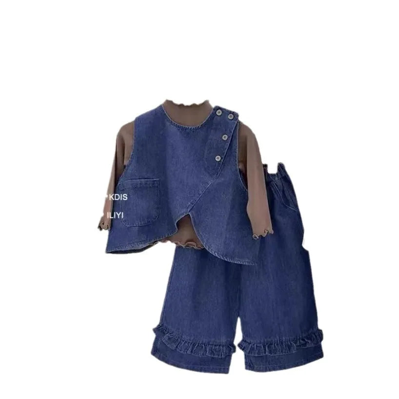 Korean Kids Girl 3PCS Clothing Autumn Children Girl Soft Solid Undershirt+Vest+Jeans Outfit Little Girl Wide Leg Pant Denim Suit