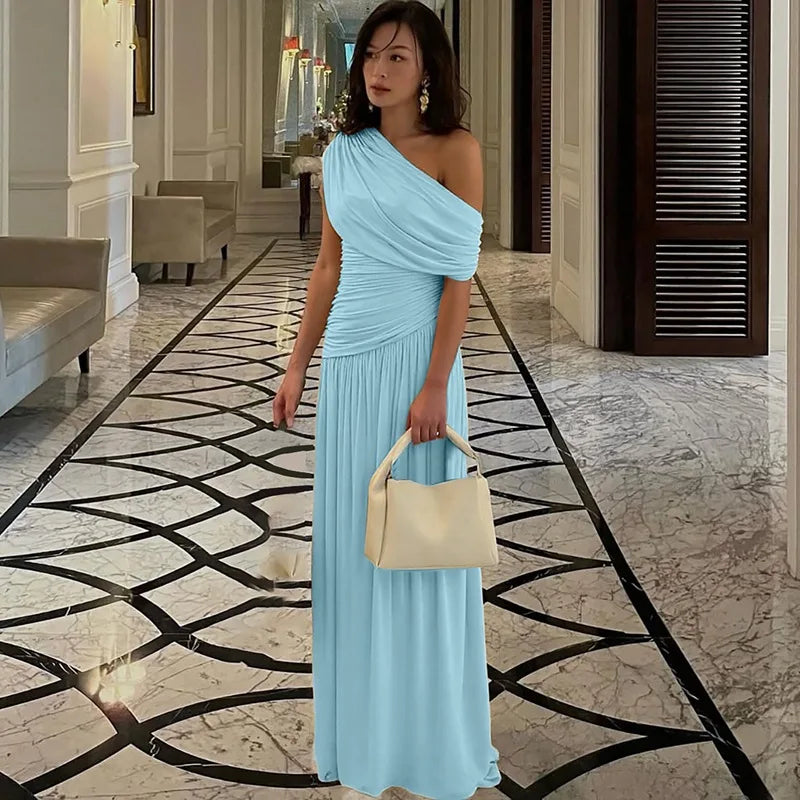 Seductive Dress Fashionable One-Shoulder Ruched Dress Minimalist Solid Asymmetrical Dress Irregular Hemline Wholesaler Gown