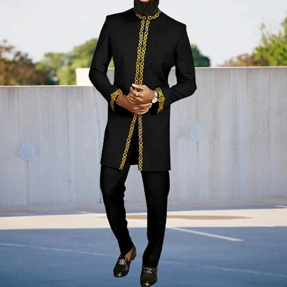 Kaftan Men Wedding Suits Groom Embroidered Pocket Top And Pants Kaunda Suit African casual Outfits Party Fashion Two-piece Set