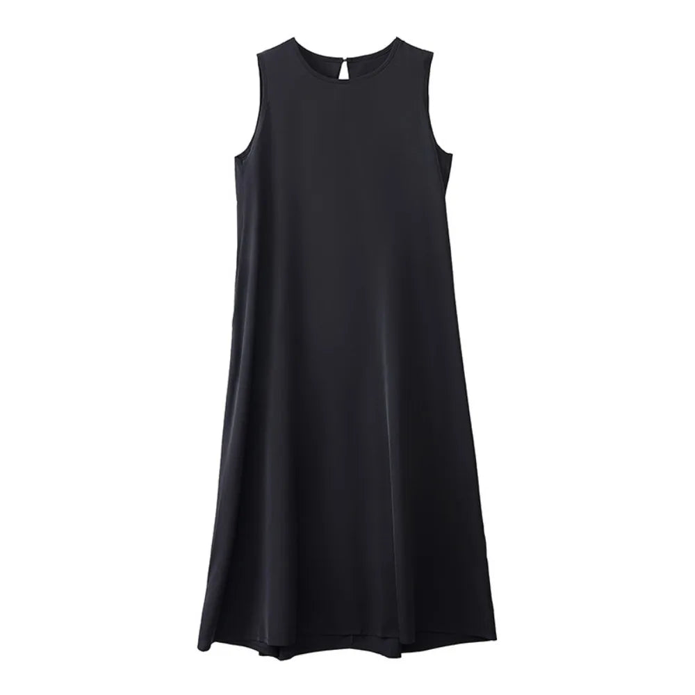 Solid Summer Sleeveless Dress Round Neck Simple Vocation Vest Dresses Beachwear Hollowed Out Open Back Long Dress Teens