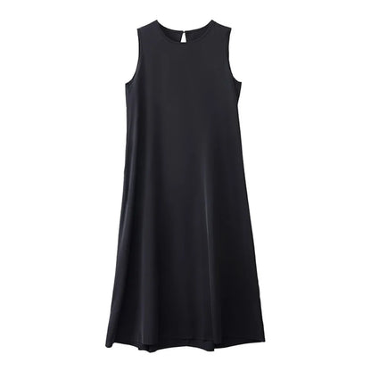 Solid Summer Sleeveless Dress Round Neck Simple Vocation Vest Dresses Beachwear Hollowed Out Open Back Long Dress Teens