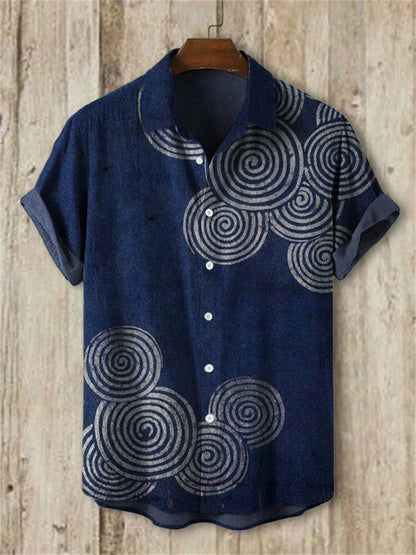 Linen Shirt for Men, 3D Print, Retro Japanese Art, Short Sleeve, Flip Collar, Casual Hawaii, Loose Beach Top, Pond, Fish, New,
