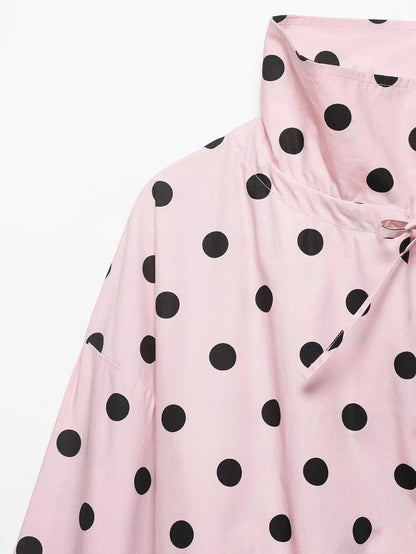 HH Women Elegant Fashion Polka Dot Pink Jacket Single Breasted High Collar Drawstring Coat Spring Lady Trend Street Outwear