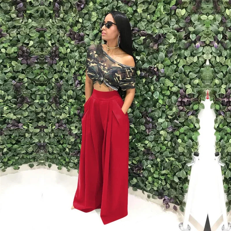 Women Casual Loose Palazzo Pants Autumn High Waisted Wide Leg Trousers Pleated Long Culottes Pants Elastic Waist Trouser Pockets
