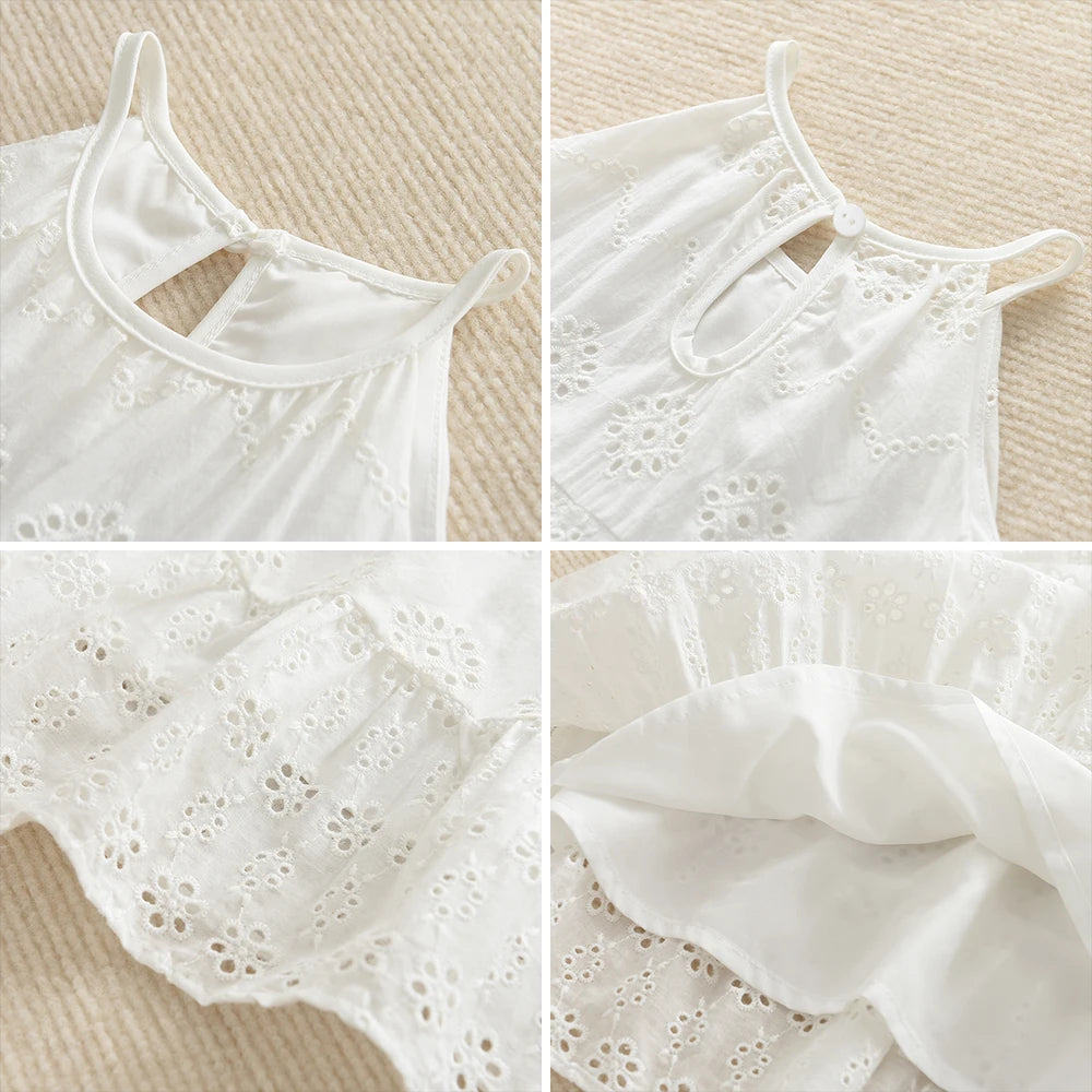 2026 Kids Clothing Korean Dress for Girls Solid Color Lace Hollow-out Suspenders Dresses Plain Cotton Girls Summer Clothes