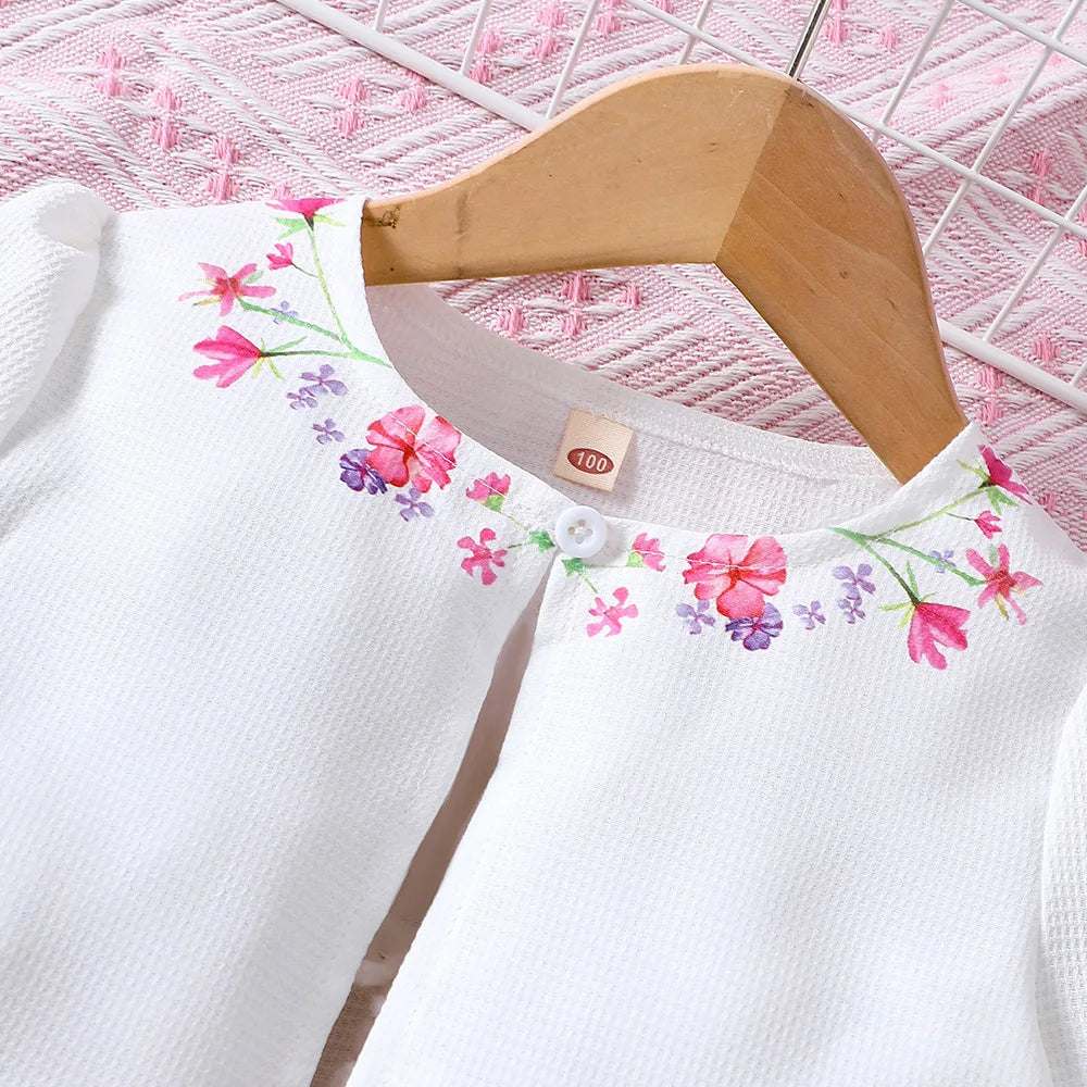 Kids Casual Clothing Sets Outfits for Girls Spring Summer Toddler Floral Print Long Sleeve Coat Tank Dress Children 2 3 4 5 6 7