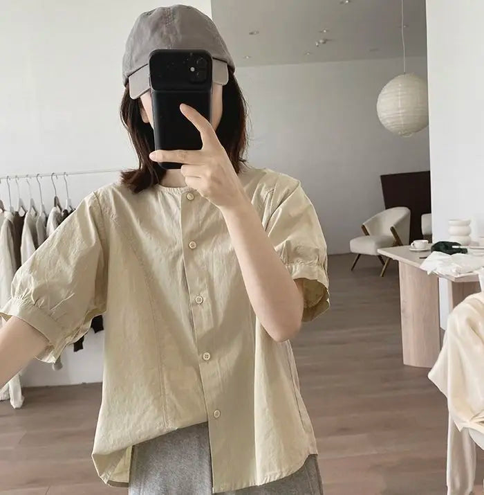 Women Round Neck Blouse Short Sleeve Button Down Loose Casual Solid Color Summer Shirt