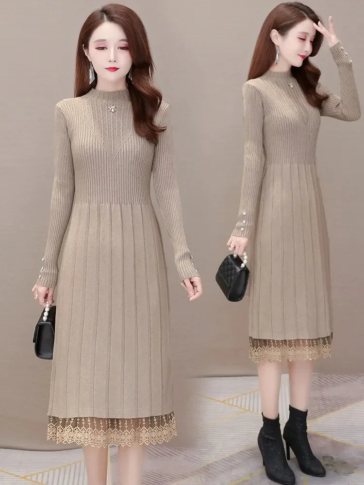 Elegant Fashion Women Dresses With Lace Trim And Knit Design For Autumn Winter