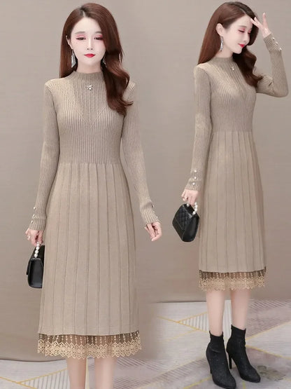 Elegant Fashion Women Dresses With Lace Trim And Knit Design For Autumn Winter