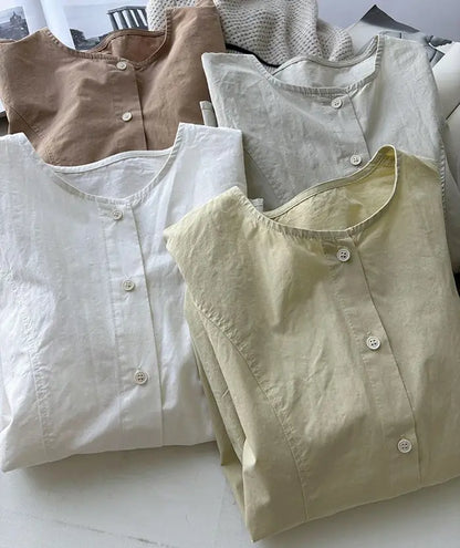 Women Round Neck Blouse Short Sleeve Button Down Loose Casual Solid Color Summer Shirt