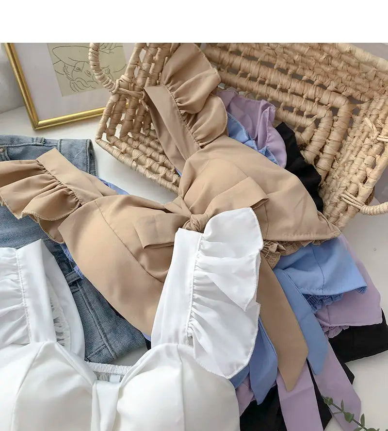 Crop Tops Camis Women Ruffles Sexy Elegant Simple Streetwear Vintage Summer Holiday Casual Young Aesthetic All-match Ulzzang New
