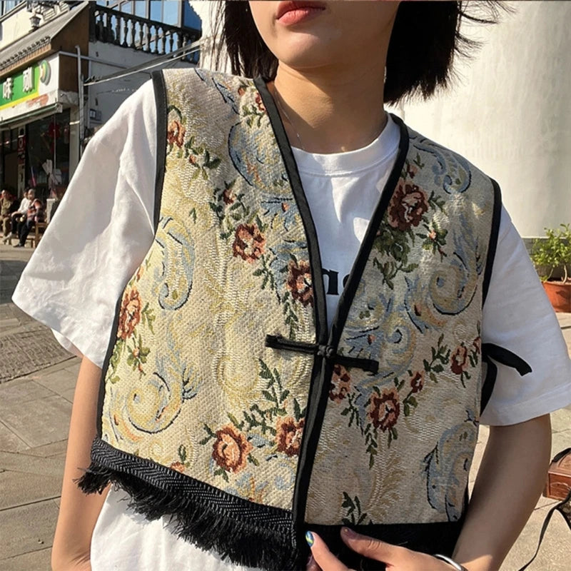 Vintage Floral Embroidery Printed Cardigan Vest Womens Elegant Sleeveless Tops Spring Summer Female Clothing Dropshipping