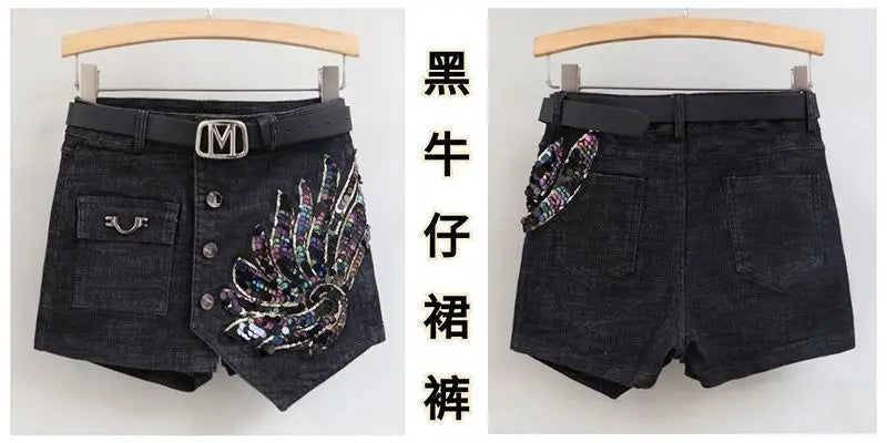 Fashion Sequin Denim Short Skirt Women Spring/Summer 2025 New Korean High Waist Slim Irregular Sexy Hot Pants White Black Casual