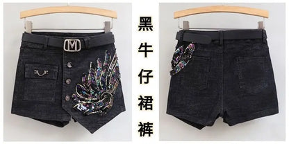 Fashion Sequin Denim Short Skirt Women Spring/Summer 2025 New Korean High Waist Slim Irregular Sexy Hot Pants White Black Casual