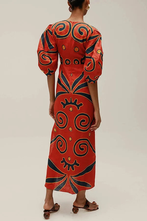 Women Fashion Linen Material  Fashion Chic Print Long Party Dresses Sexy V-neck Hollow Out High Waist Party Dress Lady Robes