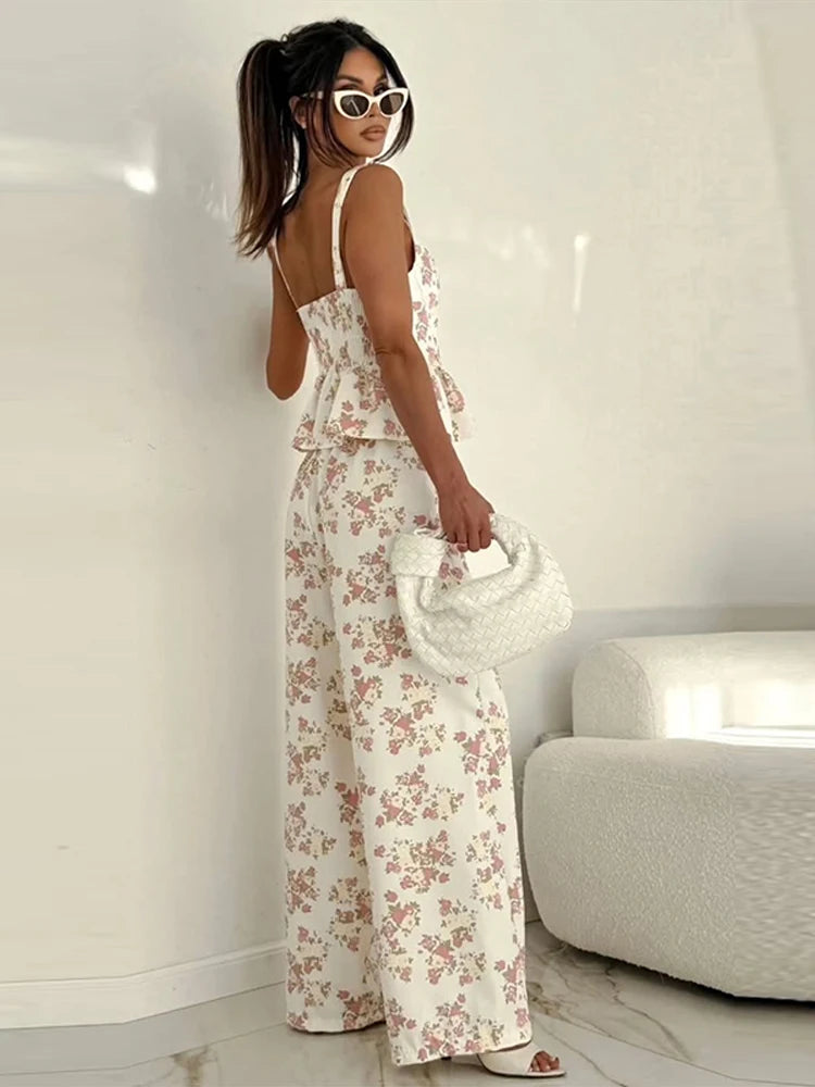 Fashion Women Floral Set Chic Sleeveless Ruffles Square-neck Vest Wide Leg Pant Pockets Casual Summer Office Outfit Commute