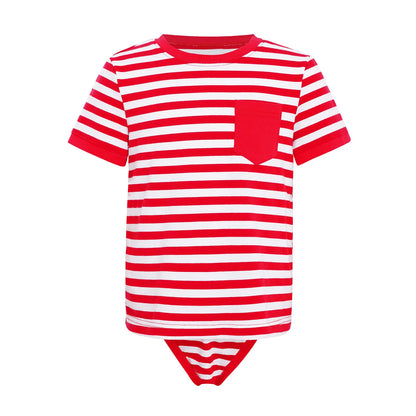 Kids Boys Girls Special Needs Adaptive Clothing Round Neck Short Sleeve Press Buttons Open Crotch Striped Leotard Bodysuit