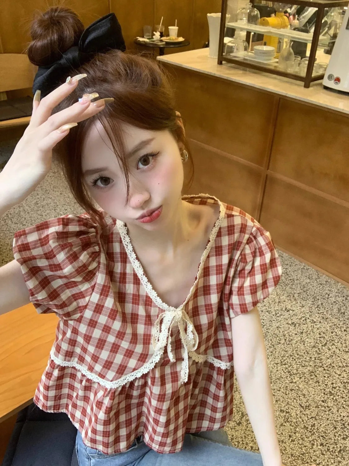 Blouses Women Plaid Vintage Literary Summer Short-sleeve Sweet Crop Tops Lace-up Aesthetic Prairie Chic Students French Style