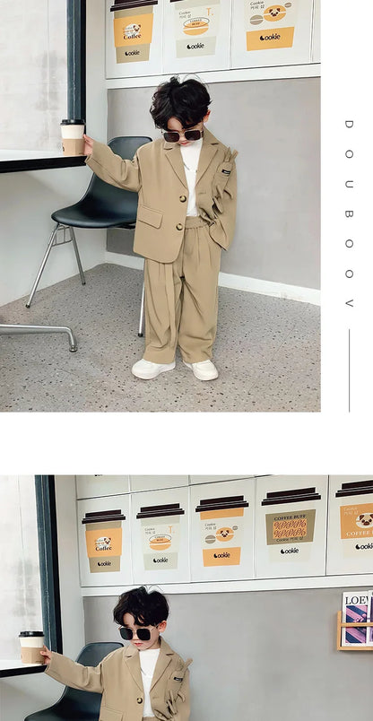 Kids Suits Fashion Casual Blazers Wide-legged Trousers 2 Piece Girls Clothes Set Khaki Loose Children Wedding Birthday Costumes
