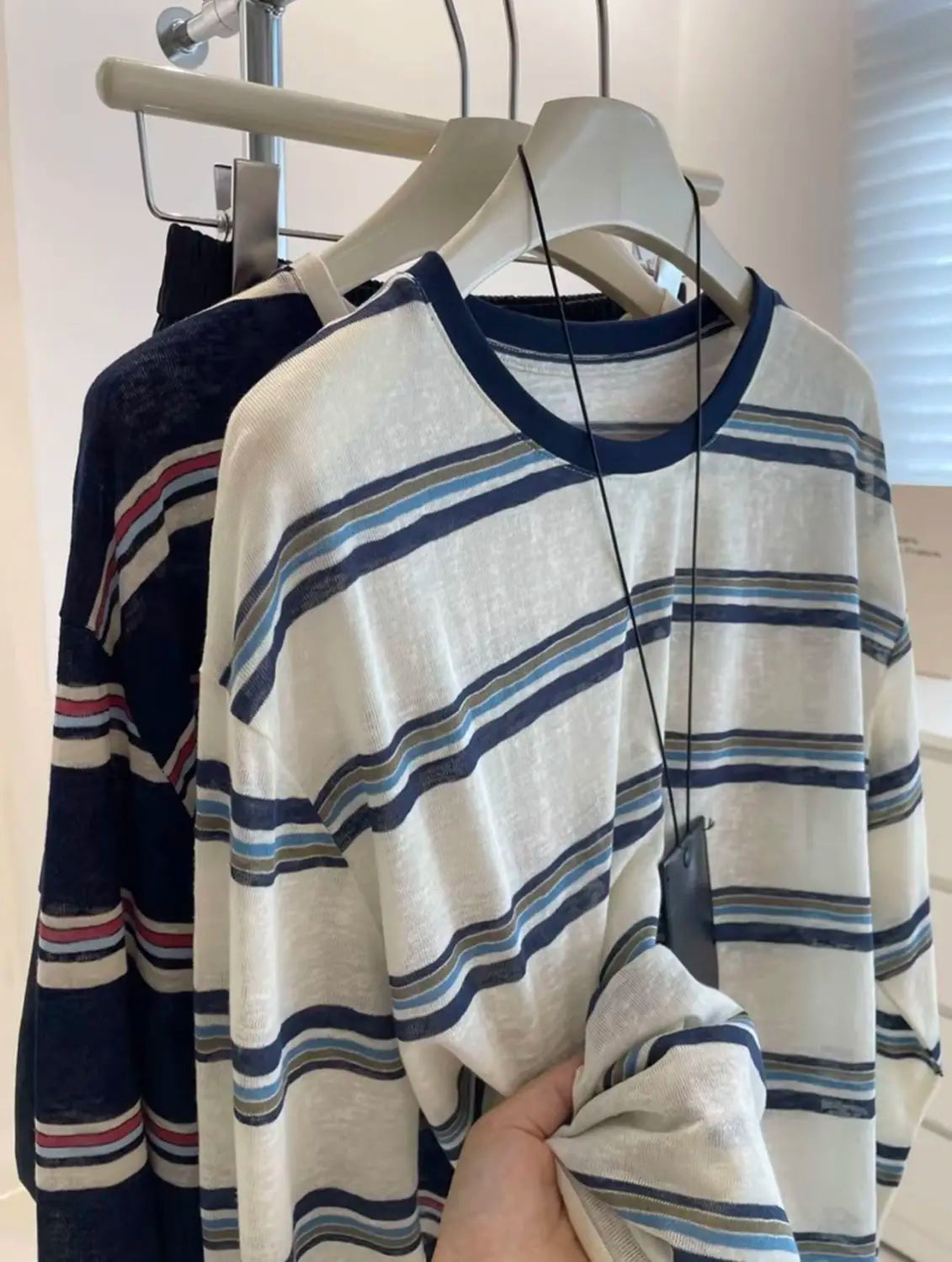 Women Clothes Spring Autumn Fashion Simplicity All-match Striped Color Blocking O-neck Ladies Appear Thin Lazy Wind Long Sleeve