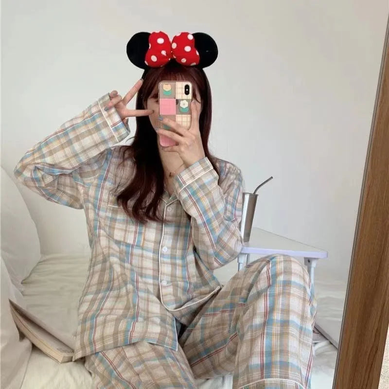 Pajamas Female Autumn and Winter Long-Sleeved Sweet Nightwear Homewear Two-Piece Set Women Plaid Casual Simple Sleepwear