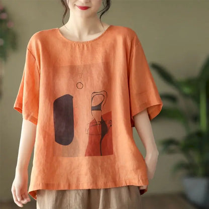 Cotton Linen T Shirts Women Fashion Vintage Art Printed T-shirt Casual Loose O-neck Short Sleeve Tops Summer Trend Thin Tshirt