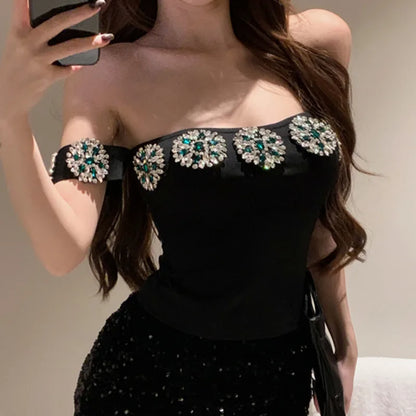 Korean Fashion Clothing Sexy Tanks Women Heavy Diamond 3D Floral Tanks Crop Tops Temperament Tunic Summer Camis 2025 Ropa Mujer