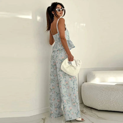Fashion Women Floral Set Chic Sleeveless Ruffles Square-neck Vest Wide Leg Pant Pockets Casual Summer Office Outfit Commute