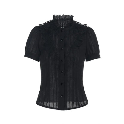 Sweet Lolita Cotton Shirts Women Vintage Gothic Black White Jacquard Short Sleeve Blouses Elegant Office Lady Y2k Tops