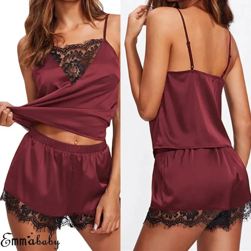 Women Ice Silk Pajamas Sleepwear Pajama Set Nightgowns Nightdress Camisole Shorts Black Red L XL Lace Casual Sexy Smooth  파자마