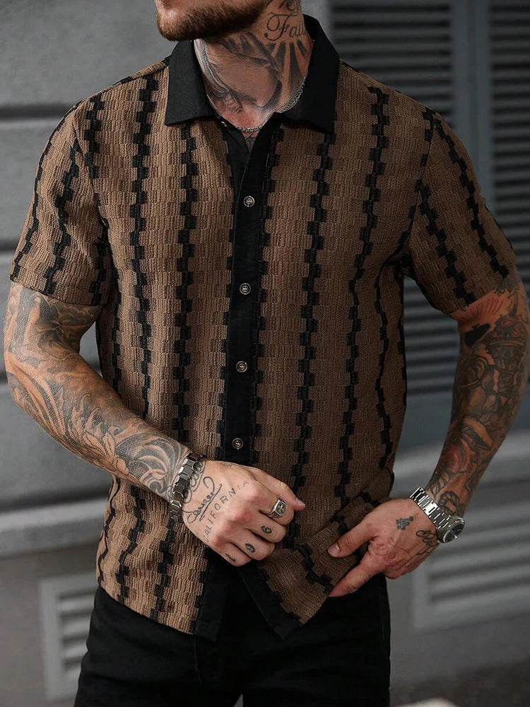 Classic Plaid Striped Knitting Shirt Short Sleeve Buttoned Turn-down Collar Mens Shirts Summer Vintage Slim Fit Knitted Cardigan