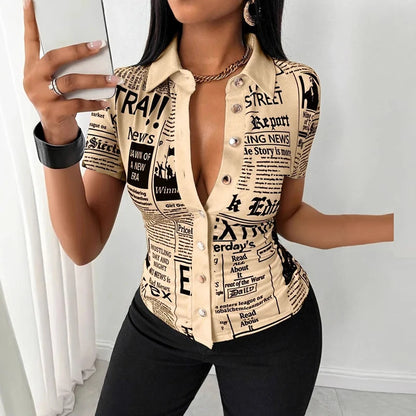 Summer Fashion Button Slim Fit Shirt Women Elegant Short Sleeve Single Breasted Letter Printed Blouses For Women Tops