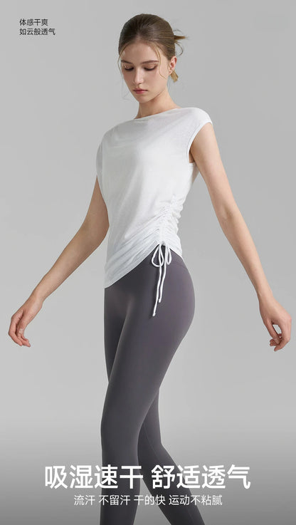 Sleeveless Pleated Cover Shirt with Drawstring, Tight Waist, High-end Feeling, Breathable and Slimming Sports T-shirt