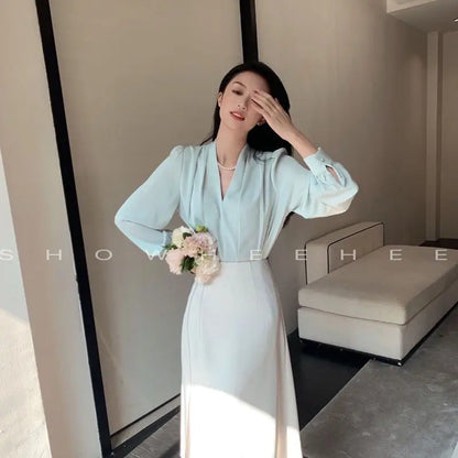 Women Clothing Fashion Loose V-Neck Chiffon Top Spring Autumn Elegant Long Sleeve Blouse Office Lady Simplicity Cozy Solid Shirt