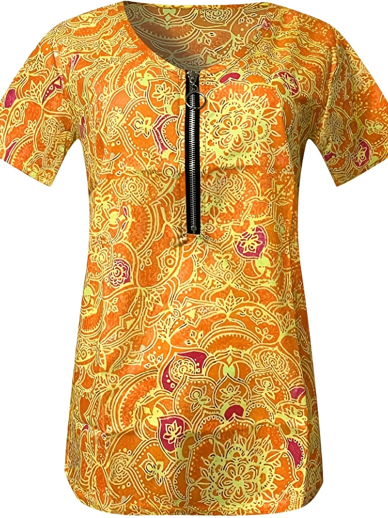 Women Fashion Short Sleeve Printed Zippered Top