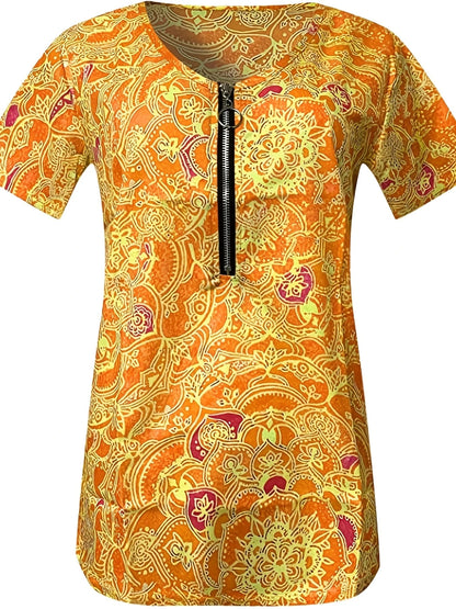 Women Fashion Short Sleeve Printed Zippered Top