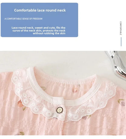 Summer Child Clothing Sets in Air-conditioned Room Girls Breathable Comfortable Long Sleeve Lace Home Clothes Sets Kids Pajamas