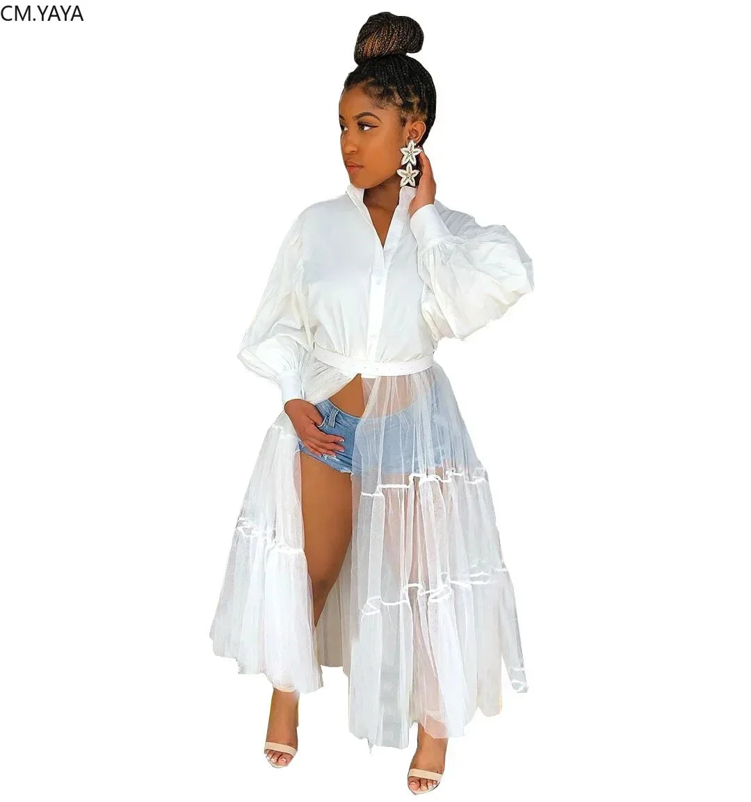 CM.YAYA Women Summer Long Sleeve Maxi Blouses Mesh Patchwork Long Dress Vintage Sexy Club Maxi Dresses