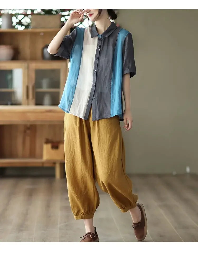Cotton and Linen Shirt for Women Fashionable and Versatile Cardigan Lapel Top Thin Blouse Patchwork Casual Chic Female Clothes