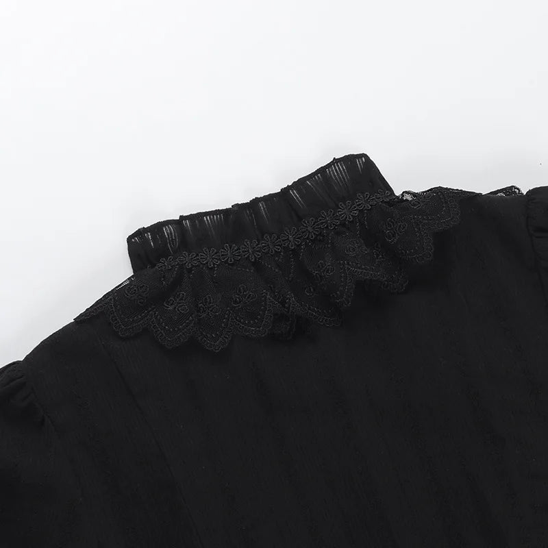 Sweet Lolita Cotton Shirts Women Vintage Gothic Black White Jacquard Short Sleeve Blouses Elegant Office Lady Y2k Tops