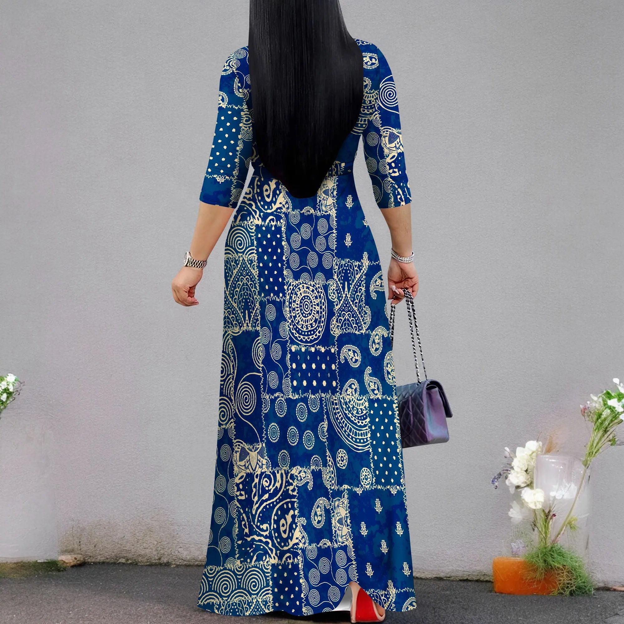 Plus Size Dresses for Women Print Maxi Dresses Flowy 3/4 Sleeve with Belt
