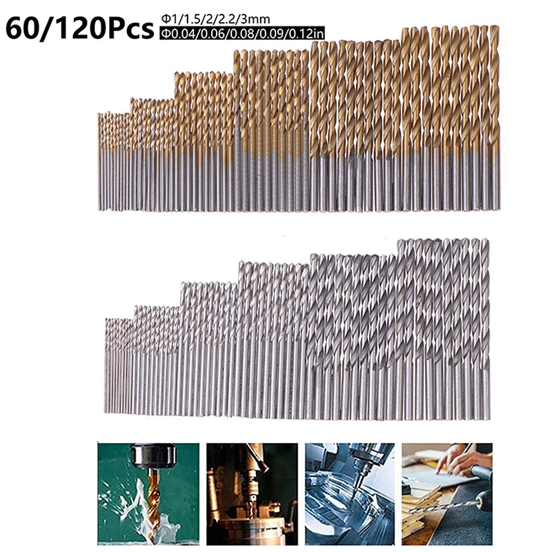 【Ja】60/120Pcs Drill Set, 1-3.5mm High Carbon Steel with Round Shank Spiral Groove, for Metal &amp; Wood Drilling