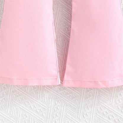 Children Clothing Summer Girls Pink Outfit Sets Lace Mesh Floral Crop Tube Tops+Flared Pants Kids Clothes Girls Elegant Sets