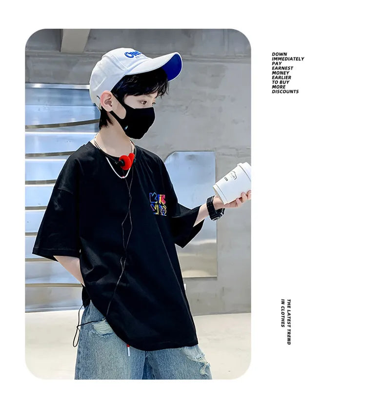 Kids Summer Clothes T-shirt for Boy Short Sleeve Cotton Tshirt Outfits Teenage Children Cartoon Print Clothing Age 5 To 14 Years