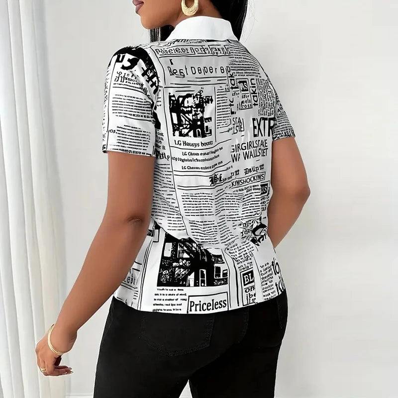 Summer Fashion Button Slim Fit Shirt Women Elegant Short Sleeve Single Breasted Letter Printed Blouses For Women Tops