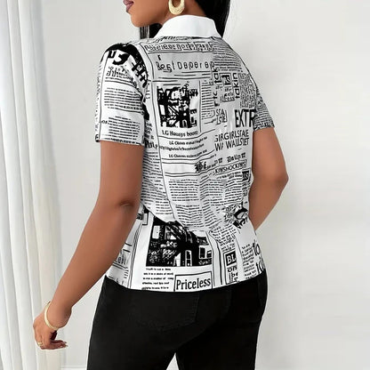 Summer Fashion Button Slim Fit Shirt Women Elegant Short Sleeve Single Breasted Letter Printed Blouses For Women Tops