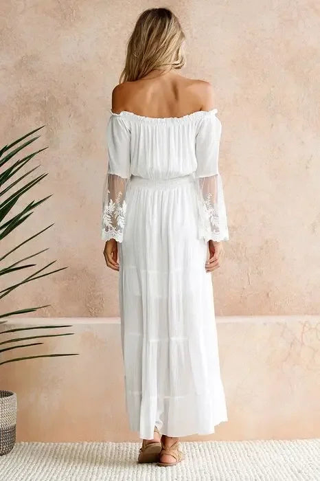 Sundress Swing Dress Women Elegant Long Sleeve Drawstring Slash Neck Lace Pleated Ruffle Loose Vacation Party Dresses Vestidos
