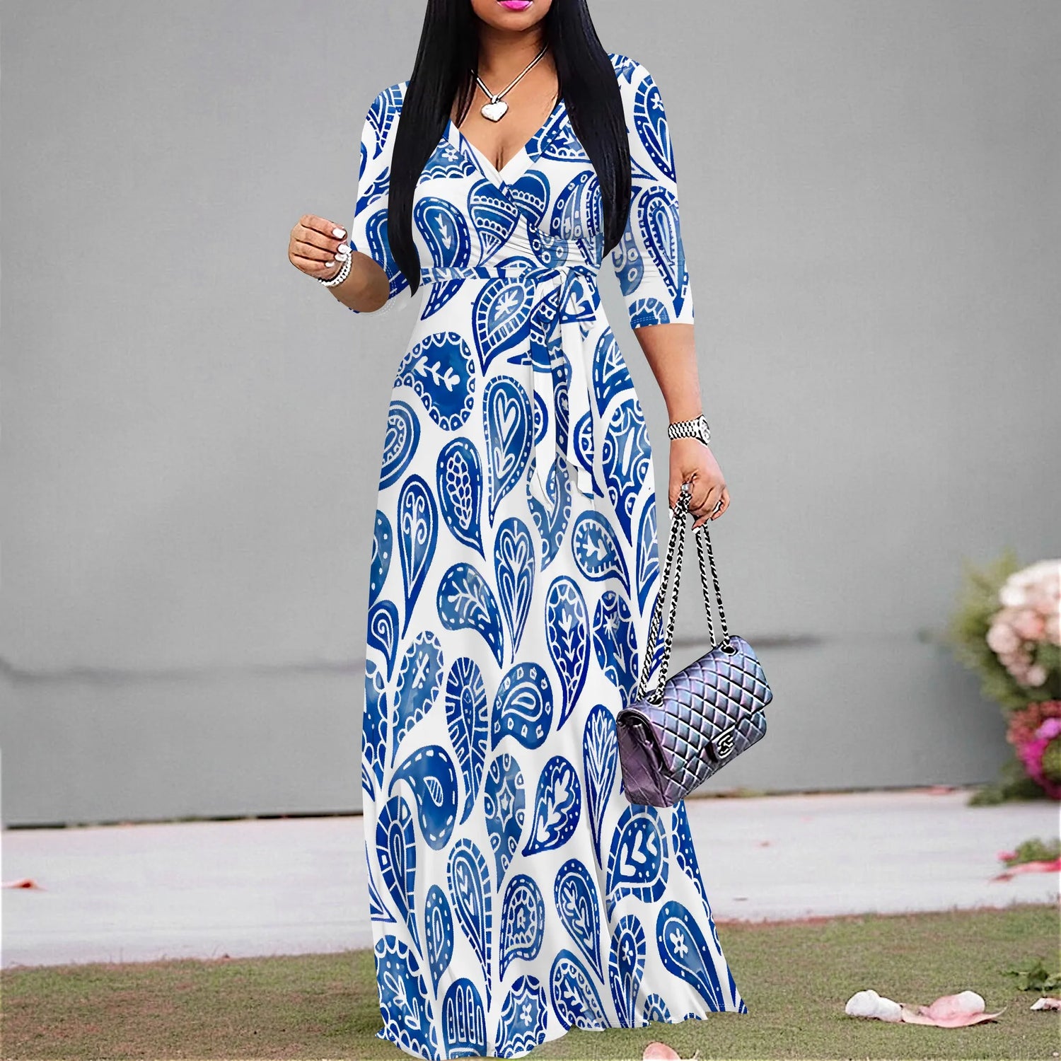 Plus Size Dresses for Women Print Maxi Dresses Flowy 3/4 Sleeve with Belt